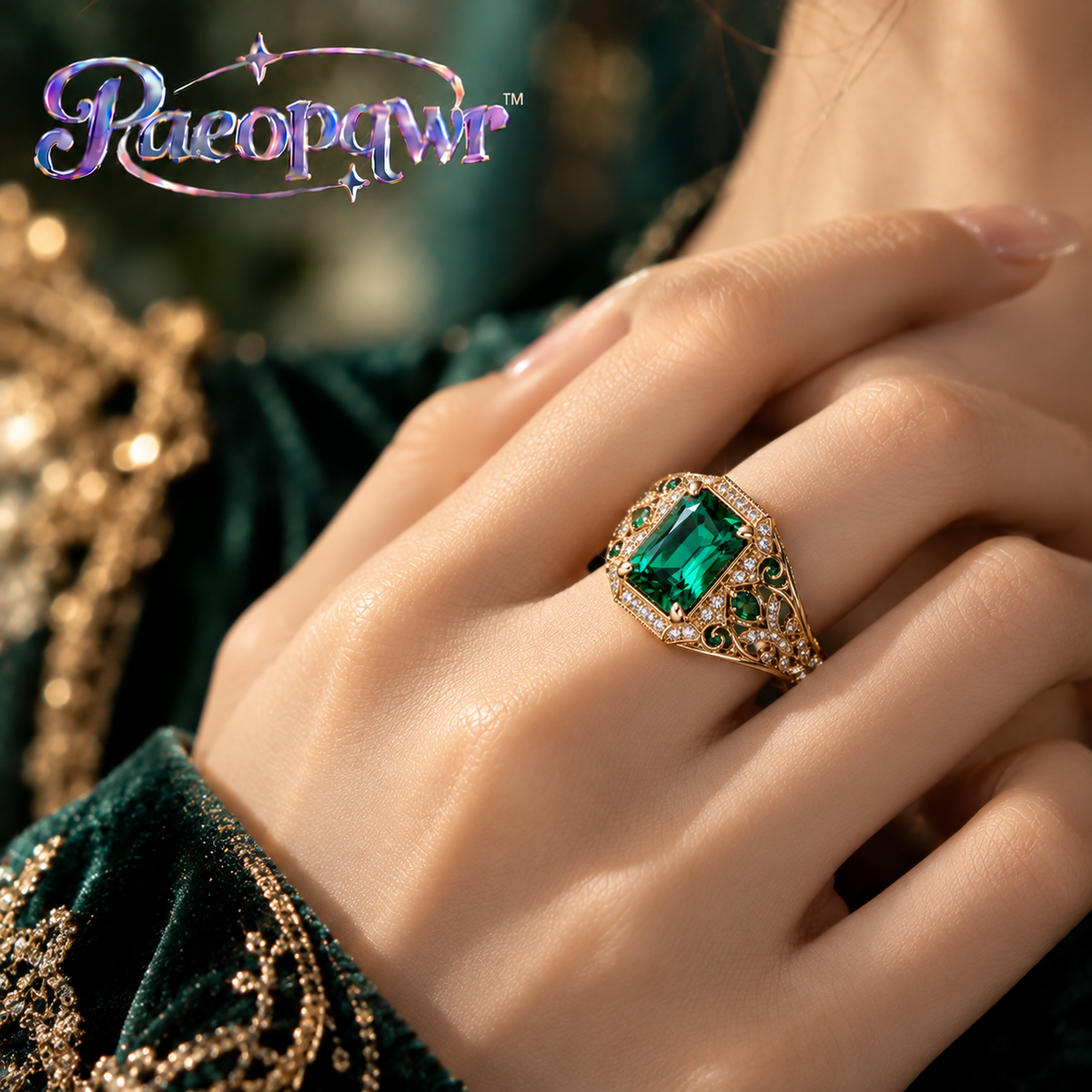 Paeopqwr™ Evergreen Crest Lab-Created Emerald Signet Ring – Original 925 Sterling Silver Green Gemstone Ring, Modern Vintage Statement Signet Jewelry