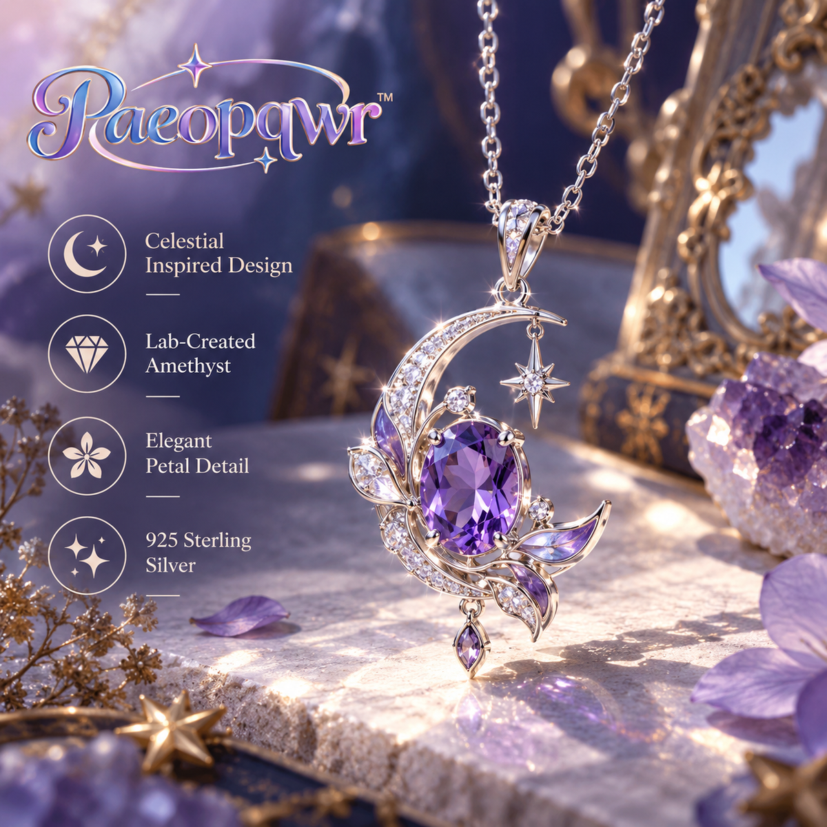 Paeopqwr™ Astra Violet Lab-Created Amethyst Pendant Necklace – Moon & Star Inspired Sterling Silver Necklace, Petal Detail Purple Gemstone Jewelry