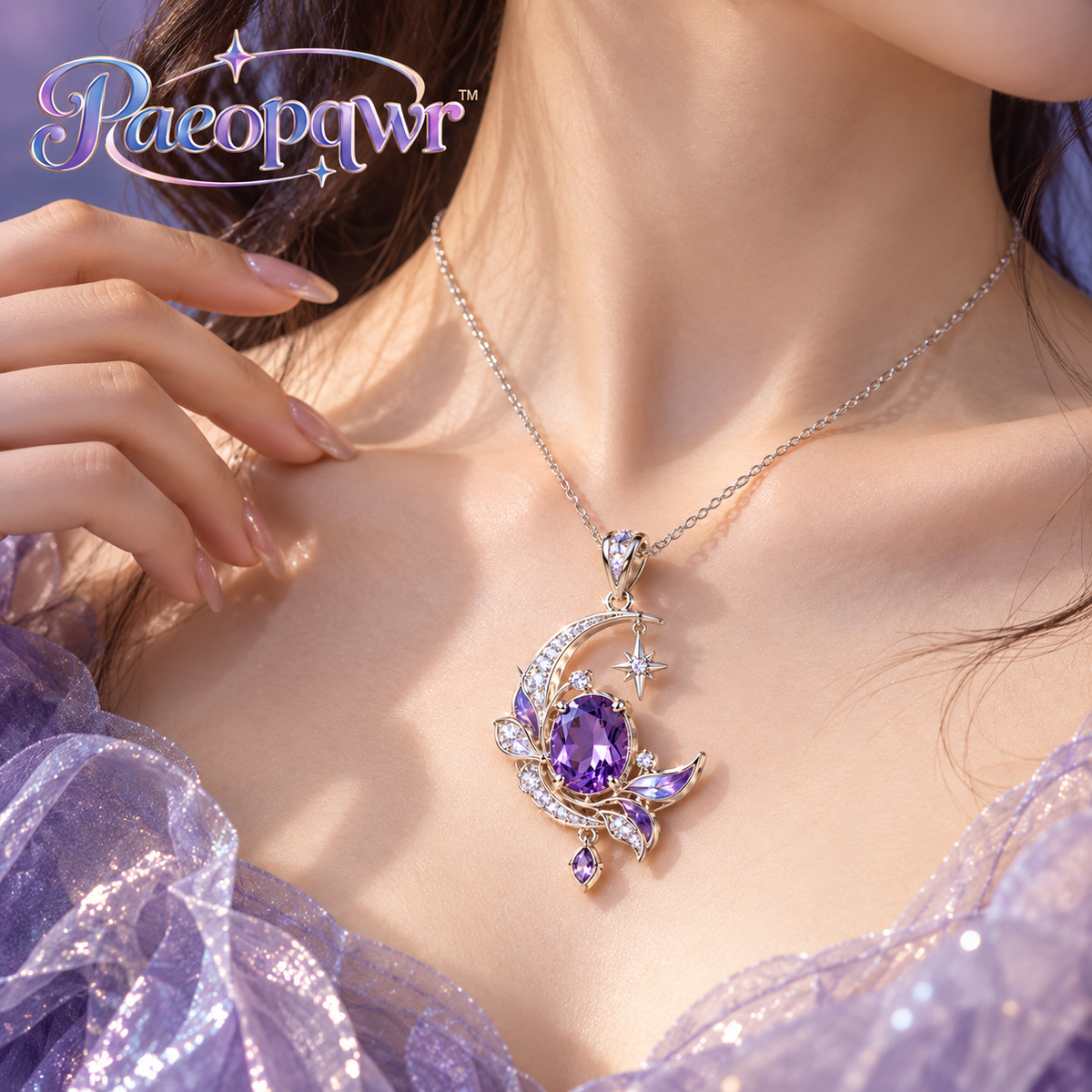 Paeopqwr™ Astra Violet Lab-Created Amethyst Pendant Necklace – Moon & Star Inspired Sterling Silver Necklace, Petal Detail Purple Gemstone Jewelry