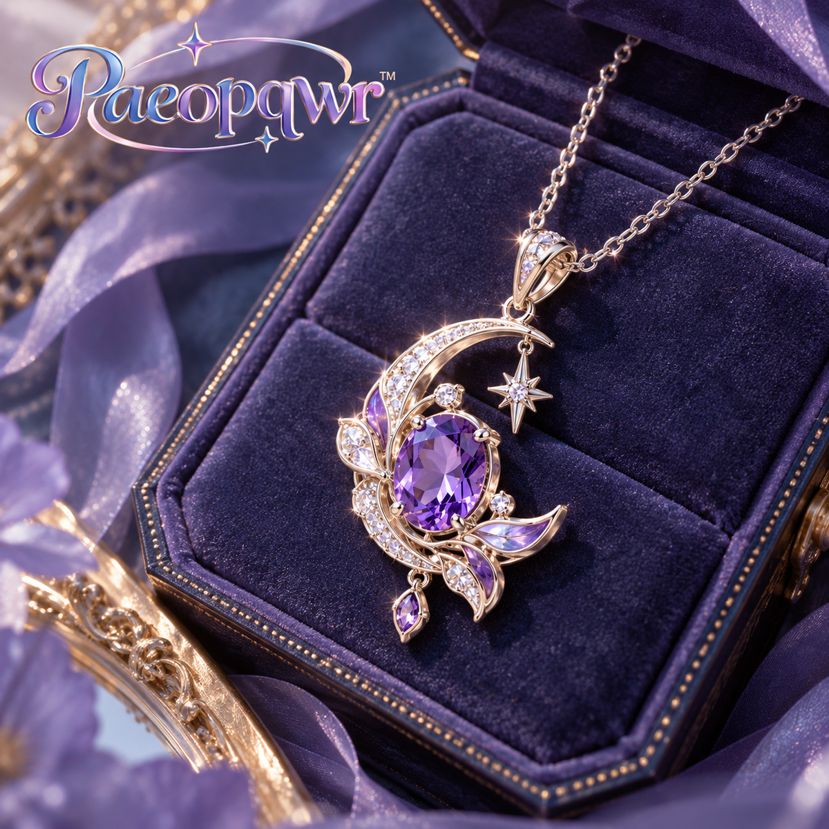 Paeopqwr™ Astra Violet Lab-Created Amethyst Pendant Necklace – Moon & Star Inspired Sterling Silver Necklace, Petal Detail Purple Gemstone Jewelry