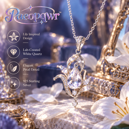 Paeopqwr™ Lilium Clear Lab-Created White Quartz Pendant Necklace – Lily Inspired Sterling Silver Floral Necklace, Minimal Petal Crystal Jewelry