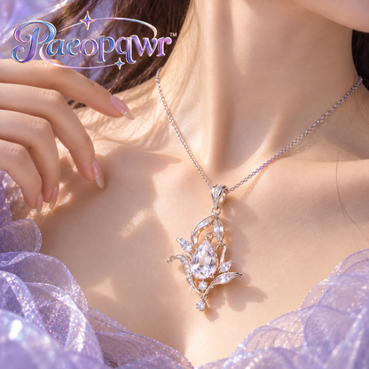 Paeopqwr™ Lilium Clear Lab-Created White Quartz Pendant Necklace – Lily Inspired Sterling Silver Floral Necklace, Minimal Petal Crystal Jewelry