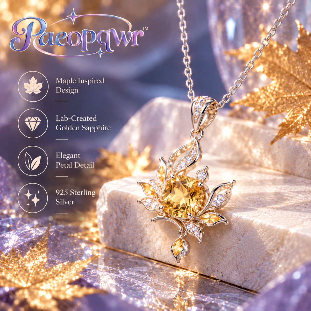 Paeopqwr™ Ember Maple Lab-Created Golden Sapphire Pendant Necklace – Maple Leaf Inspired Sterling Silver Necklace, Warm Yellow Gemstone Petal Jewelry