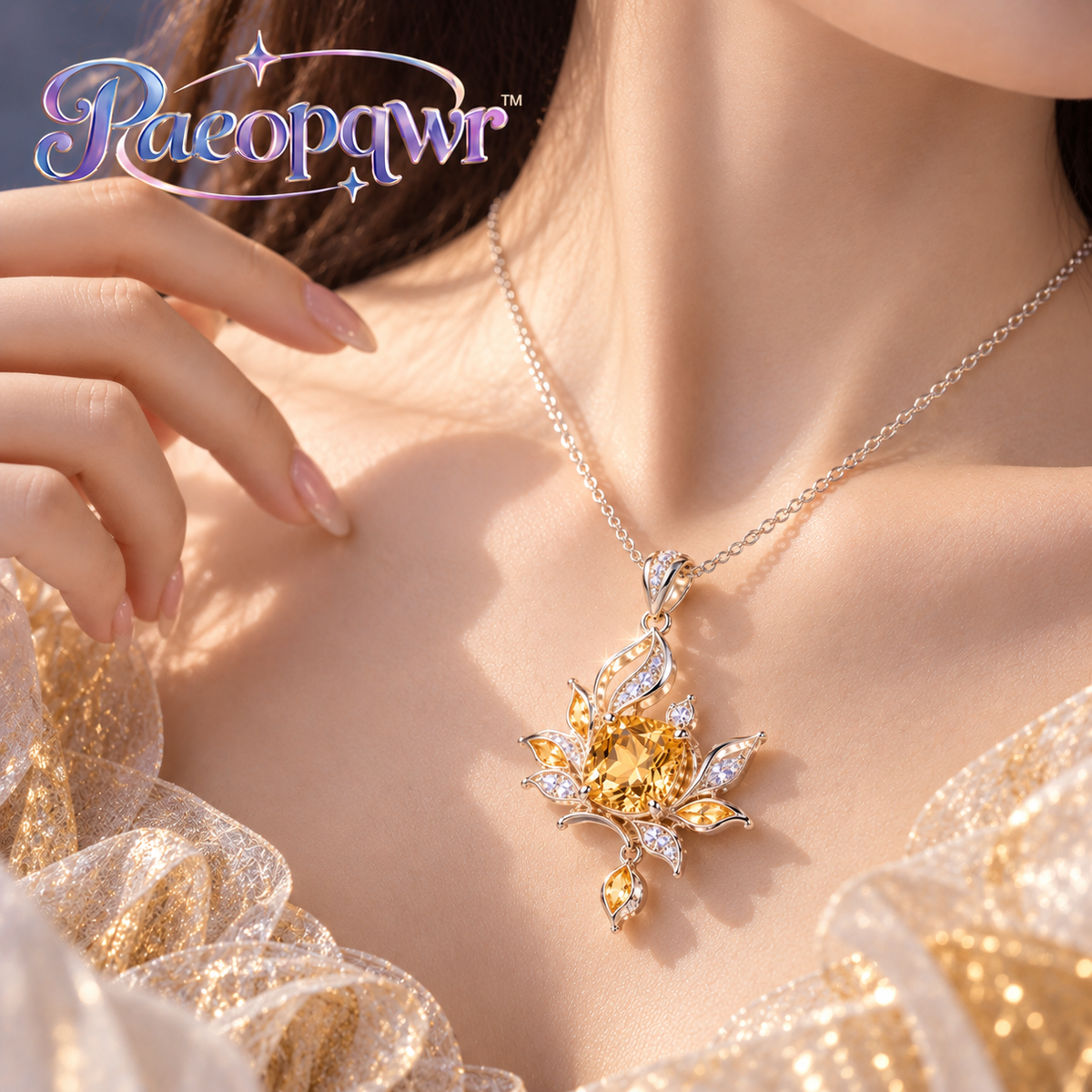 Paeopqwr™ Ember Maple Lab-Created Golden Sapphire Pendant Necklace – Maple Leaf Inspired Sterling Silver Necklace, Warm Yellow Gemstone Petal Jewelry
