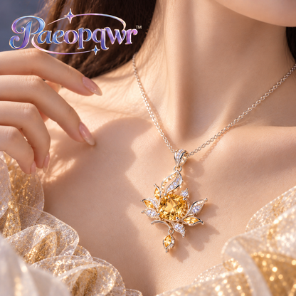 Paeopqwr™ Ember Maple Lab-Created Golden Sapphire Pendant Necklace – Maple Leaf Inspired Sterling Silver Necklace, Warm Yellow Gemstone Petal Jewelry