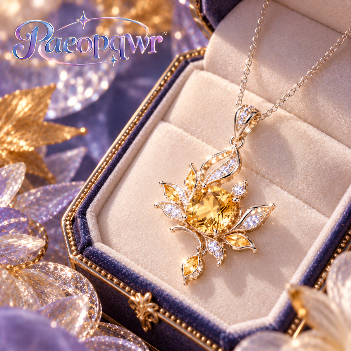 Paeopqwr™ Ember Maple Lab-Created Golden Sapphire Pendant Necklace – Maple Leaf Inspired Sterling Silver Necklace, Warm Yellow Gemstone Petal Jewelry