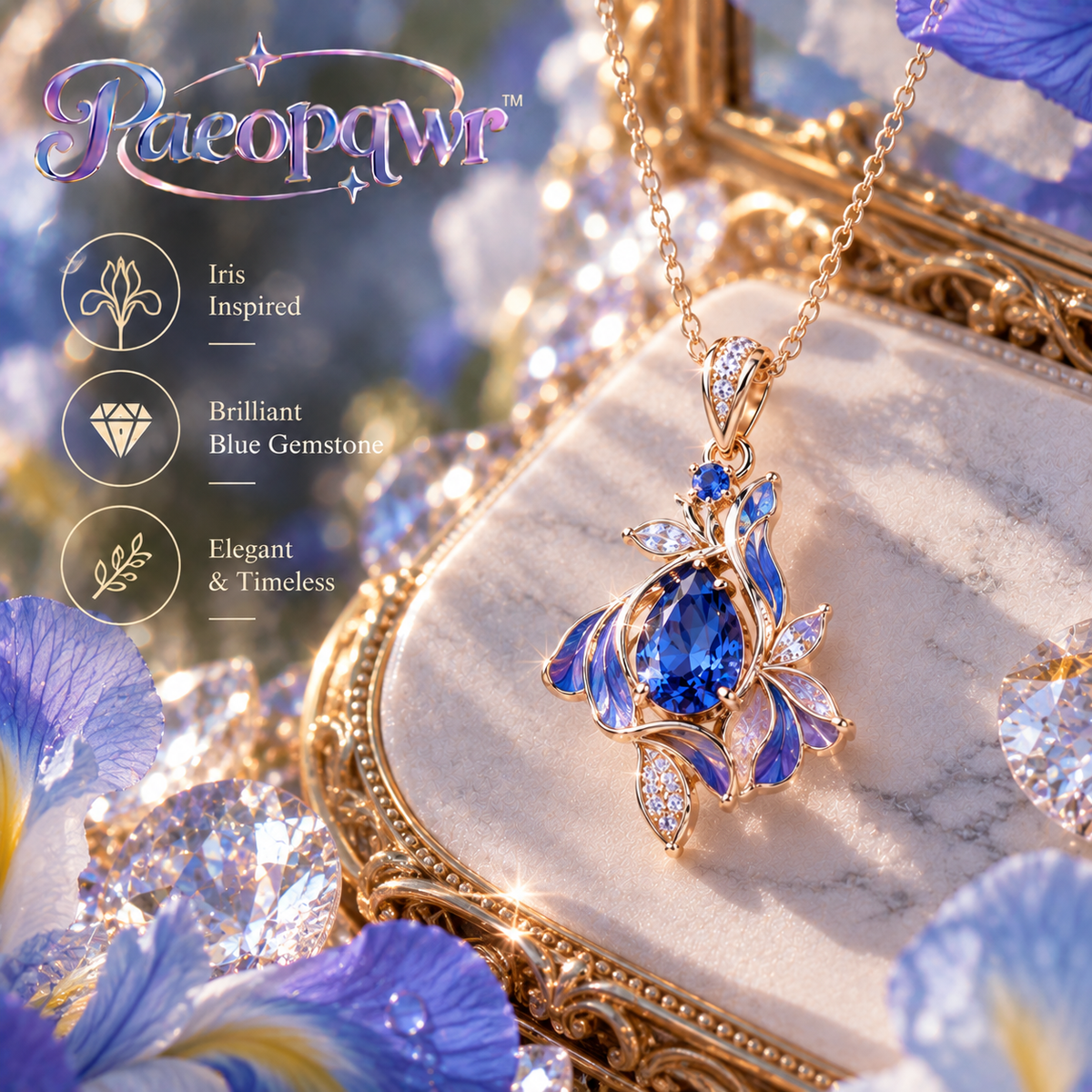 Paeopqwr™ Azure Iris Lab-Created Blue Sapphire Pendant Necklace – Iris Flower Inspired Sterling Silver Necklace, Minimal Blue Gemstone Floral Jewelry