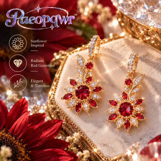 Paeopqwr™ Solara Lab-Created Ruby Sunflower Drop Earrings – Sterling Silver Red Gemstone Earrings, Minimal Floral Dangle Earrings
