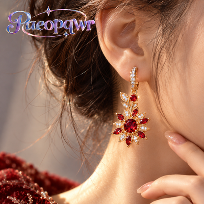 Paeopqwr™ Solara Lab-Created Ruby Sunflower Drop Earrings – Sterling Silver Red Gemstone Earrings, Minimal Floral Dangle Earrings