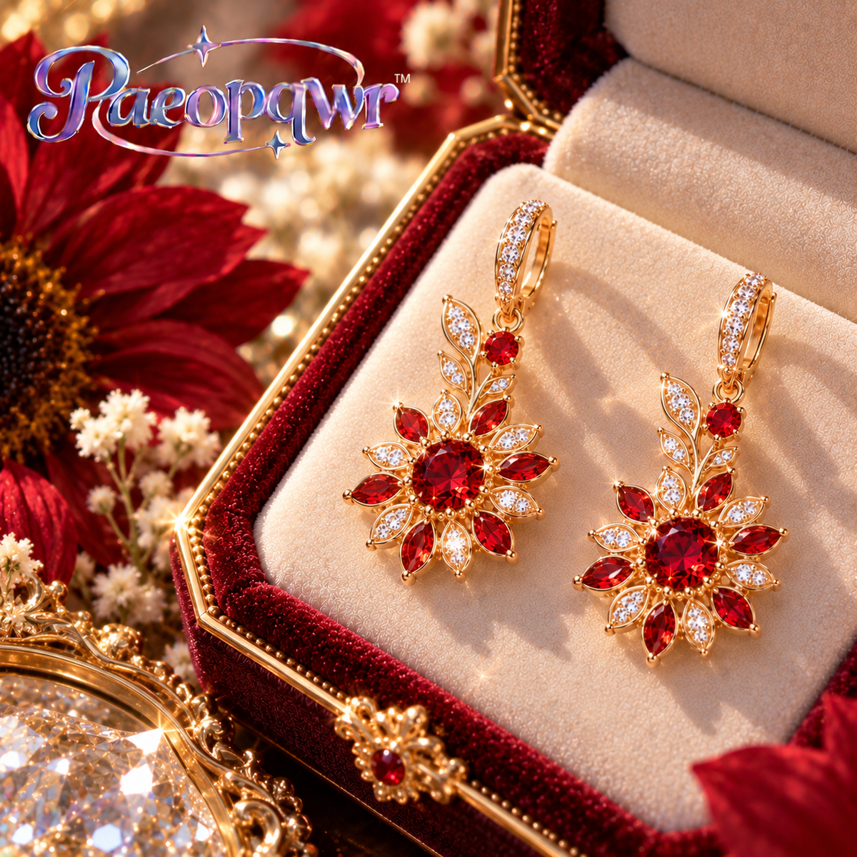 Paeopqwr™ Solara Lab-Created Ruby Sunflower Drop Earrings – Sterling Silver Red Gemstone Earrings, Minimal Floral Dangle Earrings