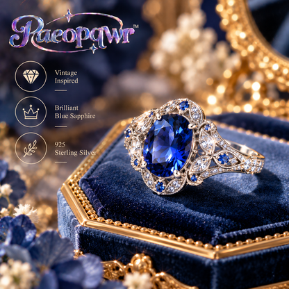 Paeopqwr™ Nocturne Archive Lab-Created Blue Sapphire Ring – Original Vintage Inspired 925 Sterling Silver Statement Ring, Art Deco Gemstone Jewelry