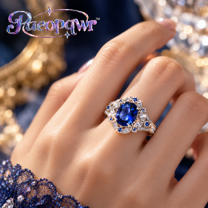 Paeopqwr™ Nocturne Archive Lab-Created Blue Sapphire Ring – Original Vintage Inspired 925 Sterling Silver Statement Ring, Art Deco Gemstone Jewelry