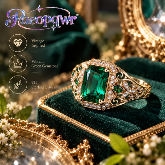 Paeopqwr™ Evergreen Crest Lab-Created Emerald Signet Ring – Original 925 Sterling Silver Green Gemstone Ring, Modern Vintage Statement Signet Jewelry